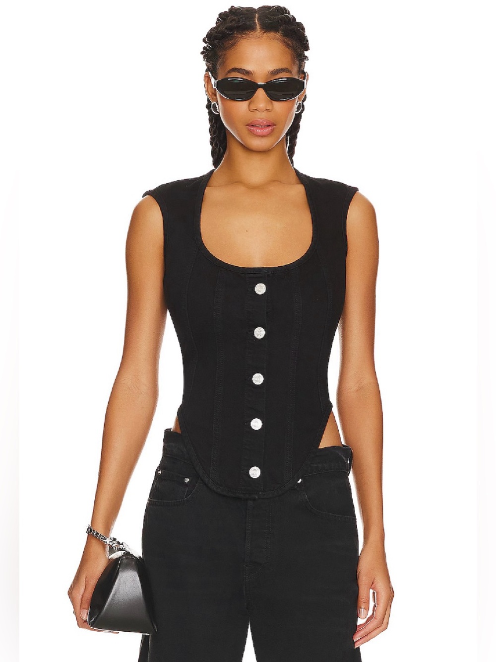 Frame The Seamed Scoop Bustier Denim Corset Top in Scorpio Black